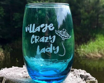 Hand Engraved Stemless Wine Glass, Village Crazy Lady, Stingray Design