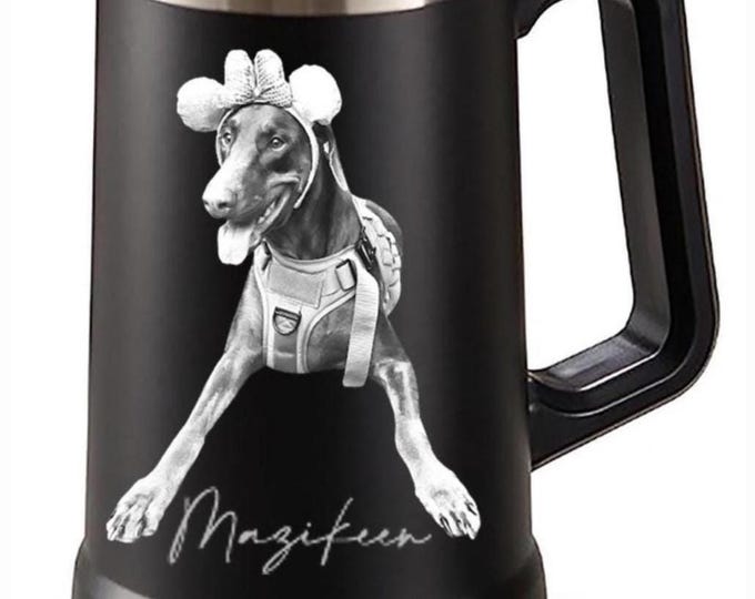 Photo engraved Stainless Steel Beer Stein, Double Walled, Large Handle, 24 oz