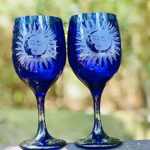 Personalized Engraved Celestial Cobalt Blue stemmed wine glasses, Sun and moon engraved wine glass set, Celestial wedding