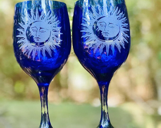 Personalized Engraved Celestial Cobalt Blue Wine Glass Set, Sun and Moon, Wedding Toast