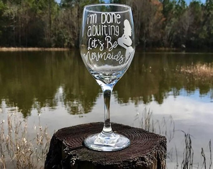 Hand Engraved Wine Glass, Mermaid Gift, 14 oz