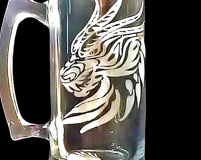 Hand Engraved Dragon Beer Mug, Tribal Design, 16 oz