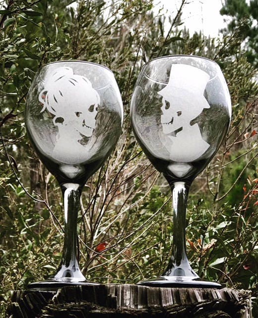 Two - Black tinted wine glass, Hand Engraved, Skeleton Wine Glasses,  Skeleton Champagne Glasses