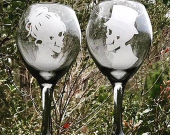 Engraved Skeleton Bride & Groom Wine Glasses, Gothic Wedding Toast