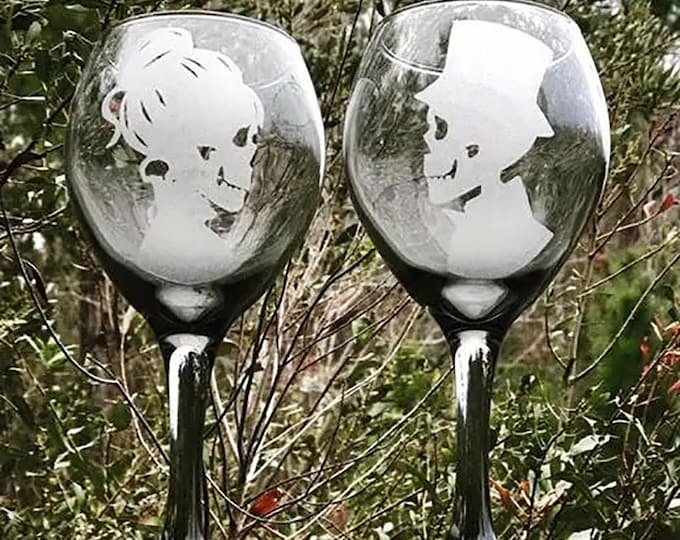 Engraved Skeleton Bride & Groom Wine Glasses, Gothic Wedding Toast