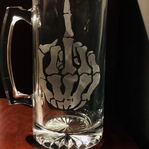 Up yours, skeleton middle finger, hand engraved glass mug