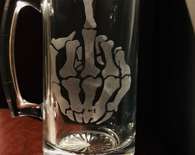 Up yours, skeleton middle finger, hand engraved glass mug