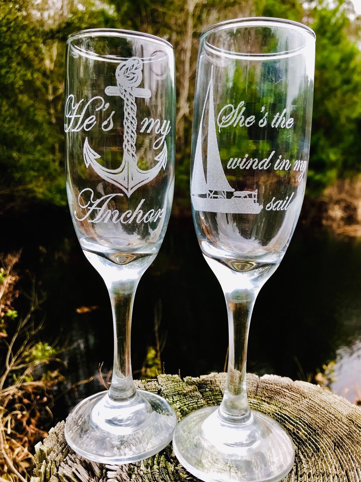 Engraved Nautical Champagne Flute Set With Sailboat And Anchor Engraved Nautical Champagne Flute Set With Sailboat And Anchor Beach Wedding