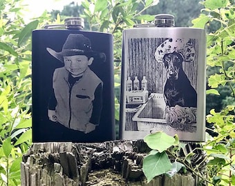 Custom Photo Engraved flask, 6 oz Stainless Steel Hip Flask with Funnel