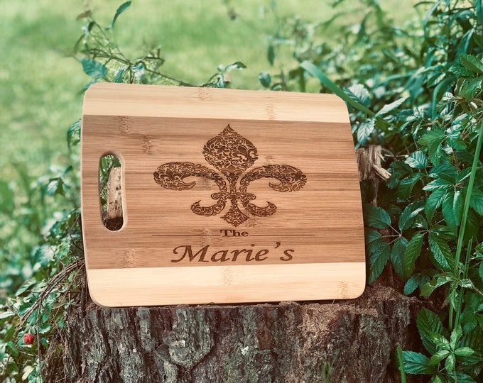 Personalized, engraved Fleur de lis decorative Bamboo chopping board
