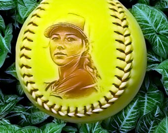 Photo engraved Softball, Softball trophy, Gift, Personalized softball, Softball keepsake