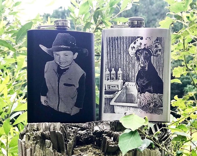 Custom Photo Engraved flask, Black or Stainless Steel, 8oz