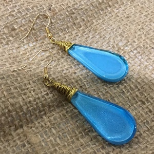 Blue Glass Drop Earrings: Gold Wire Wrapped, Handmade Jewelry