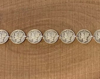MERCURY DIME Coin Jewelry BRACELET 7.5” 90% Silver With .925 Links!