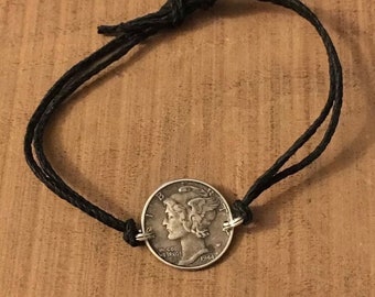 Adjustable MERCURY DIME Coin Jewelry BRACELET 90% Silver Coins Hemp
