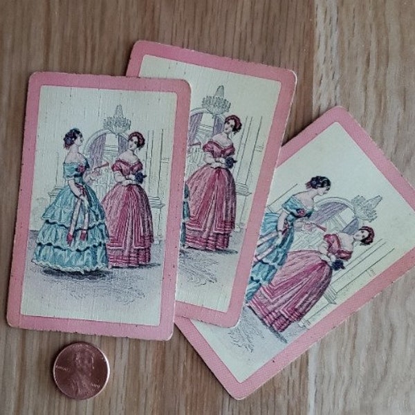 3 Vintage Playing Cards Swap Cards Pretty Ladies in Dresses Pink Card Godeys Victorian Ladies