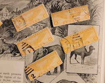 5 Vintage 1930s US Air Mail Stamps Cancelled Orange Winged Globe