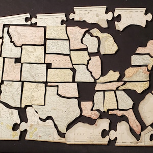 Peças de quebra-cabeça de mapa dos Estados Unidos de madeira vintage de 1/4 "de espessura compradas por peça com alguns estados faltando