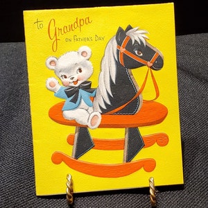 Vintage Very Cute Bear on a Rocking Horse - Tarjeta del Día del Abuelo con sobre original