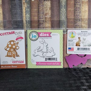 Escolha de pequenos moldes de metal Cottage Cutz Mushroom House / Cheery Lynn Designs Bunnies / io dies Bunnies Easter Rabbit Scrapbooking COMO NOVO