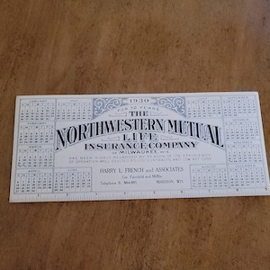 1930's Kalenderkarte Northwest Mutual Life Assurance Company Milwaukee Ephemera / Madison Wisconsin