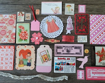 Valentines Ephemera Set 30 Pieces / vintage and Newer Pink and Red Theme Paper Items Plus vintage Lace