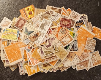 50 Worldwide postage stamps shades BROWN YELLOW ORANGE used off paper crafting fun possible duplicates ephemera junk journal scrapbooking