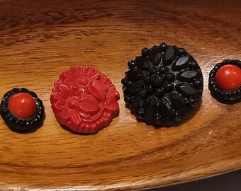 Four Vintage Plastic Buttons Red Black