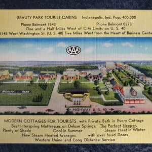 Cartão postal de linho vintage Beauty Park Cabanas turísticas Indianápolis Indiana Modern Cottages Motel NÃO UTILIZADO