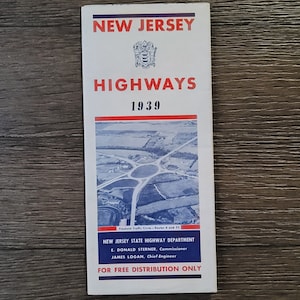 Mappa stradale pieghevole del Dipartimento delle autostrade dello Stato del New Jersey d'epoca del 1939