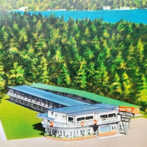 Cartolina d'epoca Motel in cima alla collina Vista panoramica sul lago e sulle montagne INUTILIZZATA fuori Seattle Washington WA