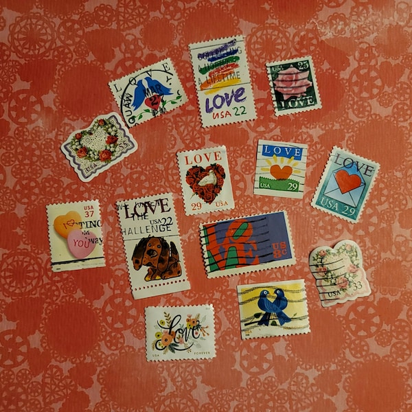 13 Used LOVE postage stamps mostly vintage Valentine postal ephemera journal scrapbooking