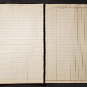 3 vintage, ongebruikte, grote (16,5" x 10,5") grootboekpagina's uit een Northwestern National Insurance Company Milwaukee WI Policy Register uit het midden van de 20e eeuw