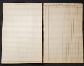 3 páginas de razão vintage, não utilizadas, grandes (16,5" x 10,5") de um registro de apólices da Northwestern National Insurance Company Milwaukee WI de meados de 1900