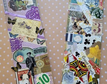 Puede incluir: Dos marcadores verticales con un collage de imágenes y texto. El marcador de la izquierda presenta una flor morada, una mariposa y el texto "To Greet You". El marcador de la derecha presenta una carta de juego con una reina y el texto "Guest Check".