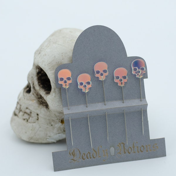 Deadly Notions "Crystal" Skull Head Pins (Set of 5) | Iridescent Acrylic Skull sewing pins |Novelty Sewing Pins | Gift for sewists |