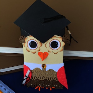 May include: A brown and black owl with a graduation cap, wearing a red and white shirt. The owl has large, round eyes and a heart-shaped beak.
