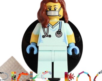 Aqua Scrubs Female LEGS Surgical MASK & Gloves - Nurse/Doctor - Badge Reel made with LEGO®- Id Badge Holder