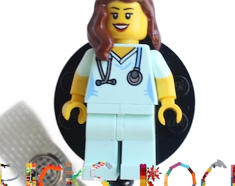 Aqua Scrubs & LEGS Female- Nurse/Doctor - Badge Reel made with LEGO® - Pediatric ID Badge Holder