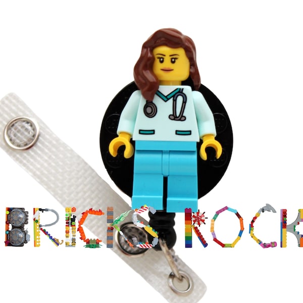 Nurse Doctor Aqua Scrubs Badge Reel made with LEGO® Minifigure™- Female - Pediatric - ID Badge Holder