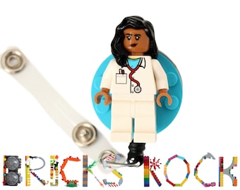 Nurse Doctor White Scrubs Badge Reel made with LEGO® Minifigure™ - Light Brown Skin Female - Pediatric - ID Badge Holder