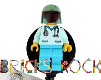 Doctor Nurse Scrubs w/ Boba Fett™ helmet-Badge Reel made with LEGO® Minifigure™-ID Badge Holder-Belt Clip-Pediatric Badge-Star Wars® Badge