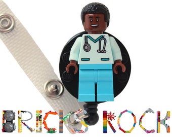 Nurse Doctor Aqua Scrubs Badge Reel made with LEGO® Minifigure™ - Dark Brown Skin Male - Pediatric - ID Badge Holder