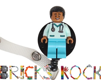 Nurse Doctor Aqua Scrubs Badge Reel made with LEGO® Minifigure™ - Light Brown Skin Male - Pediatric - ID Badge Holder