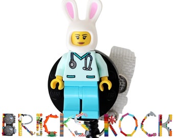 Bunny Ears Aqua Scrubs Badge Reel made with LEGO® Minifigure™- Female - Pediatric - ID Badge Holder - Easter