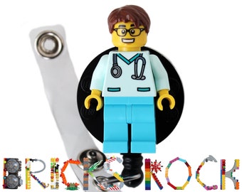 GLASSES Male Nurse Doctor Aqua Scrubs with Glasses Badge Reel made with LEGO® Minifigure™ -  Male - Pediatric - ID Badge Holder