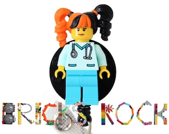 Harley Quinn™ Pigtails - Aqua Scrubs Nurse/Doctor - Badge Reel made with LEGO® - Pediatric ID Holder