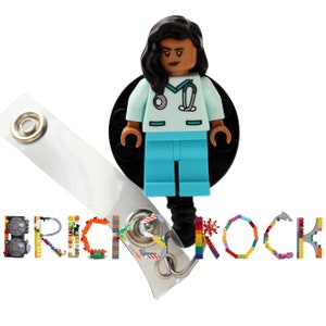 Nurse Doctor Aqua Scrubs Badge Reel made with LEGO® Minifigure™ Light Brown Skin Female Pediatric ID Badge Holder image 1