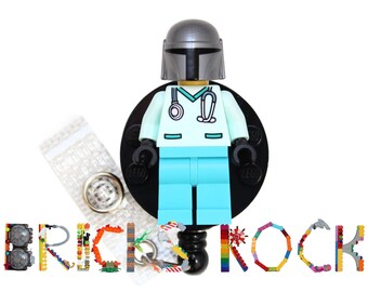 Doctor Nurse Scrubs w/ Mandalorian™ helmet-Badge Reel made with LEGO® Minifigure™-ID Badge Holder-Belt Clip-Pediatric Badge-Star Wars® Badge