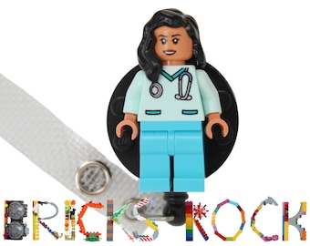 Nurse Doctor Aqua Scrubs Nougat Skin Badge Reel made with LEGO® Minifigure™- Female - Pediatric - ID Badge Holder